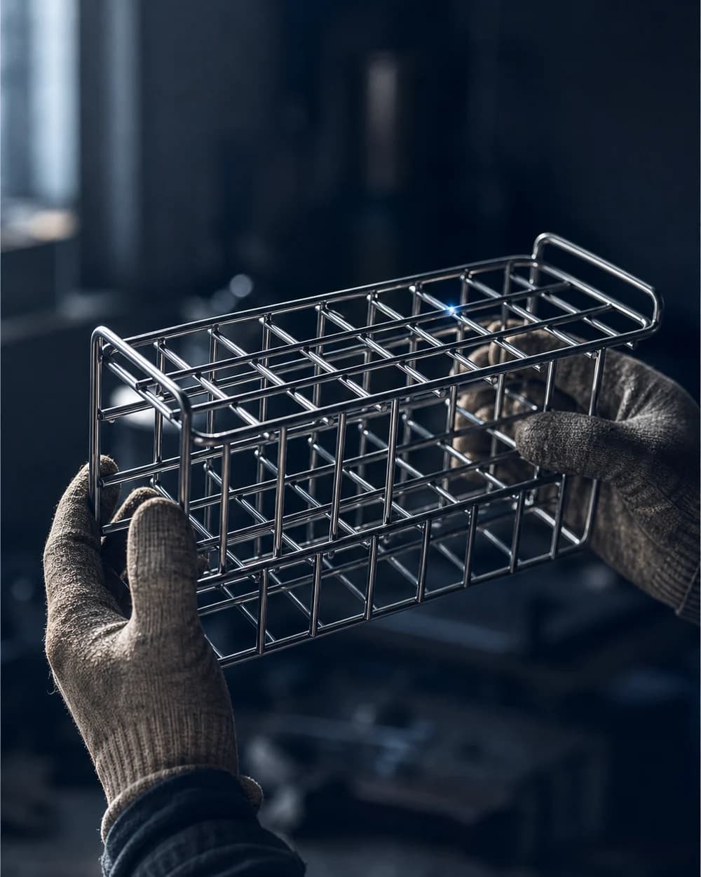 Gloved hands inspecting a finished stainless wire test-tube rack